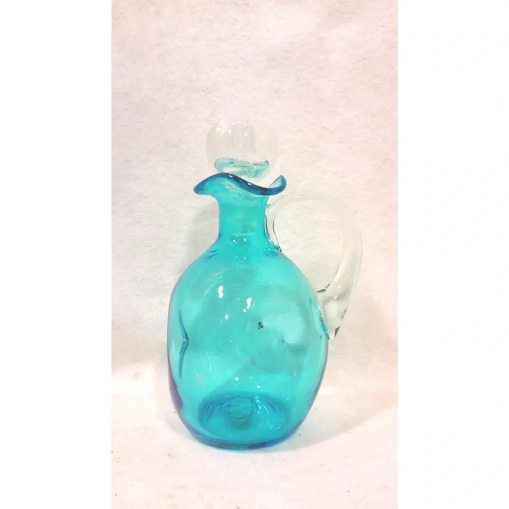 Vintage Blue Glass Decanter Pinched Bottle Mid-Century Barware Bischoff